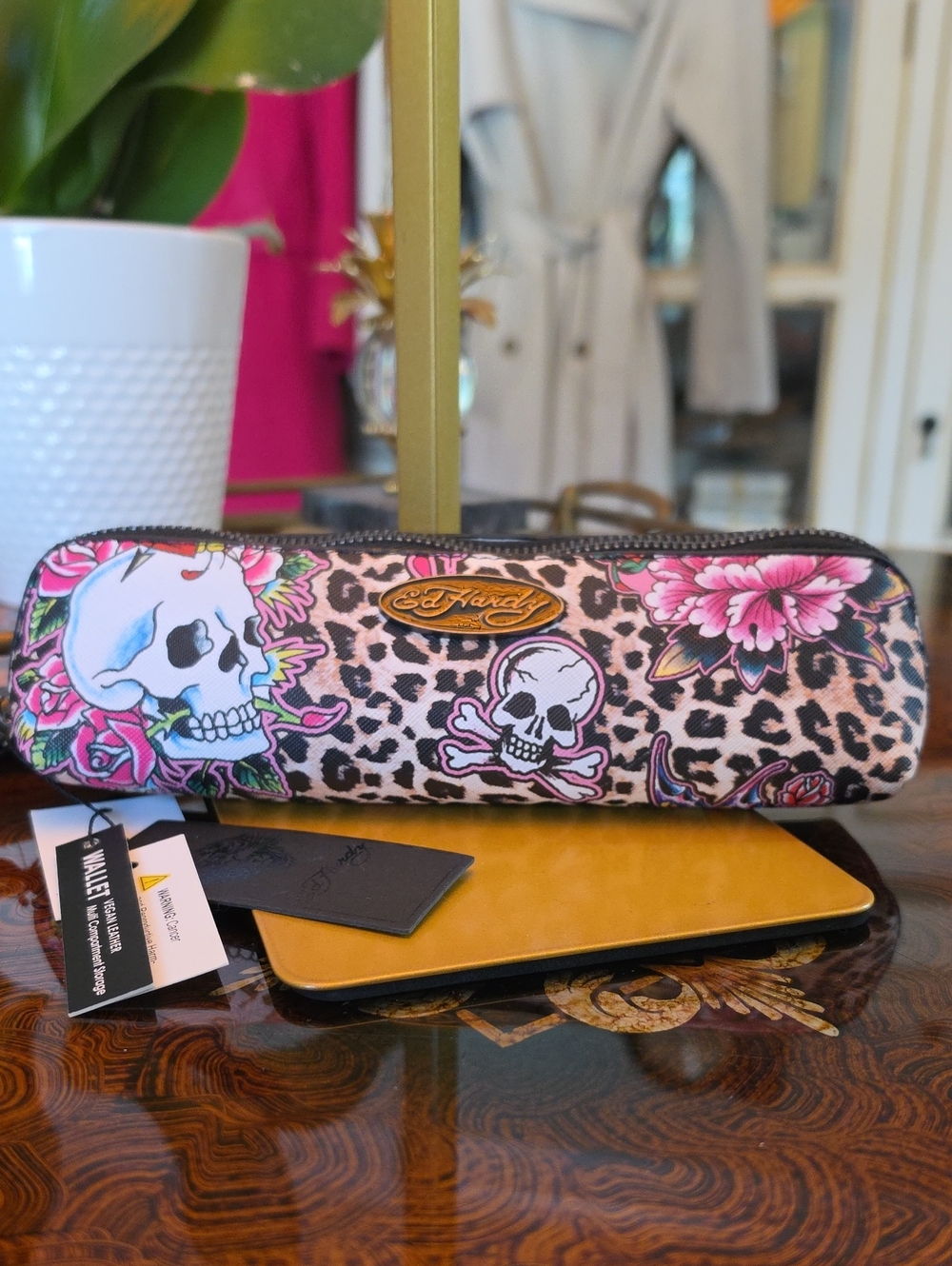 Ed Hardy Pink Leopard Skull Print Zip Pouch
